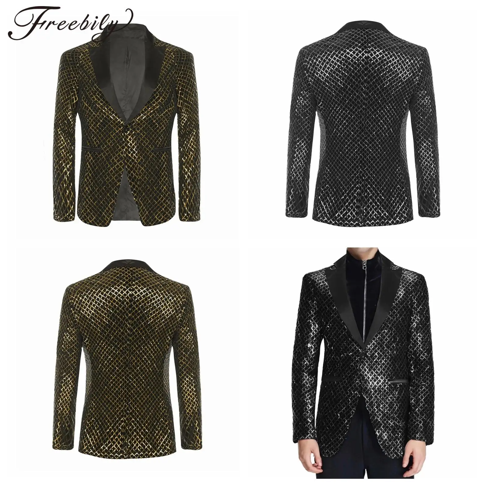 

Men Dress Tuxedo Sparkly Sequin Long Sleeve Suit Jacket Lapel Blazers Party Festival Club Formal Occasions One Button Coat