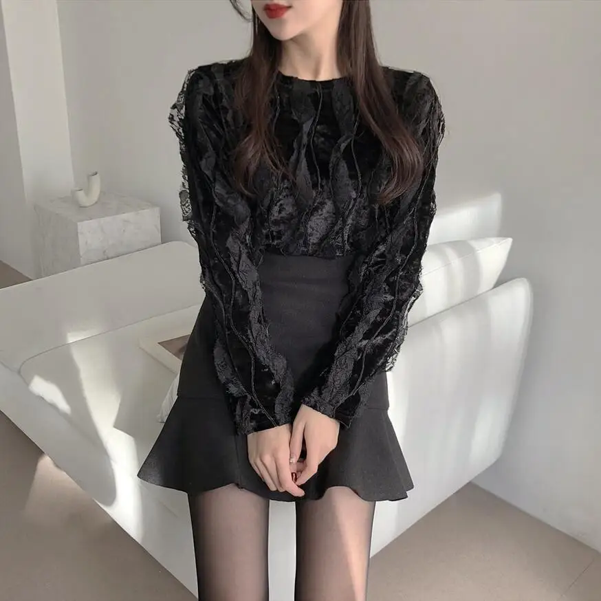 

Skirts Women Spring Autumn Ruffles Slender A- line Mini Skirt Solid England Black Womens Korean Fashion Woman Clothing