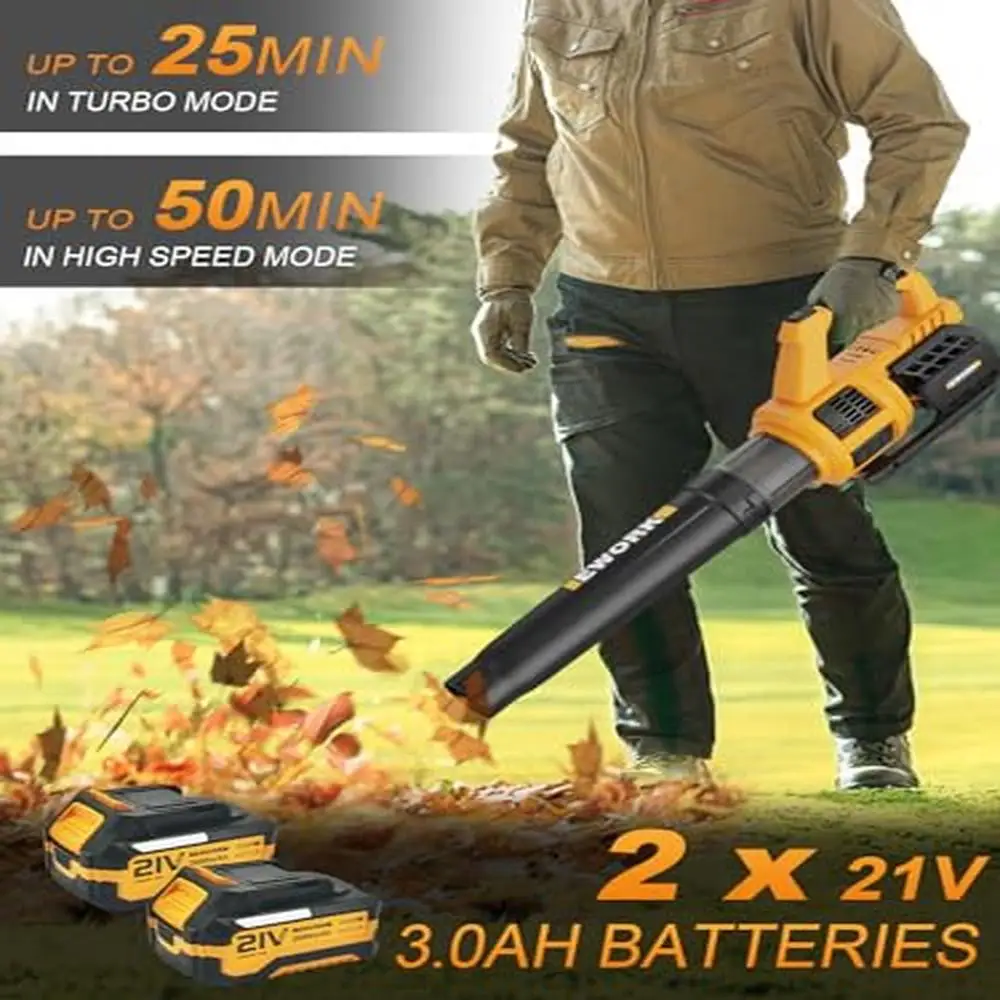 

21V Cordless Leaf Blower Electric Turbo Mode 400CFM 2 Batteries Fast Charger Non-Slip Handle Easy Storage 120MPH Wind Speed