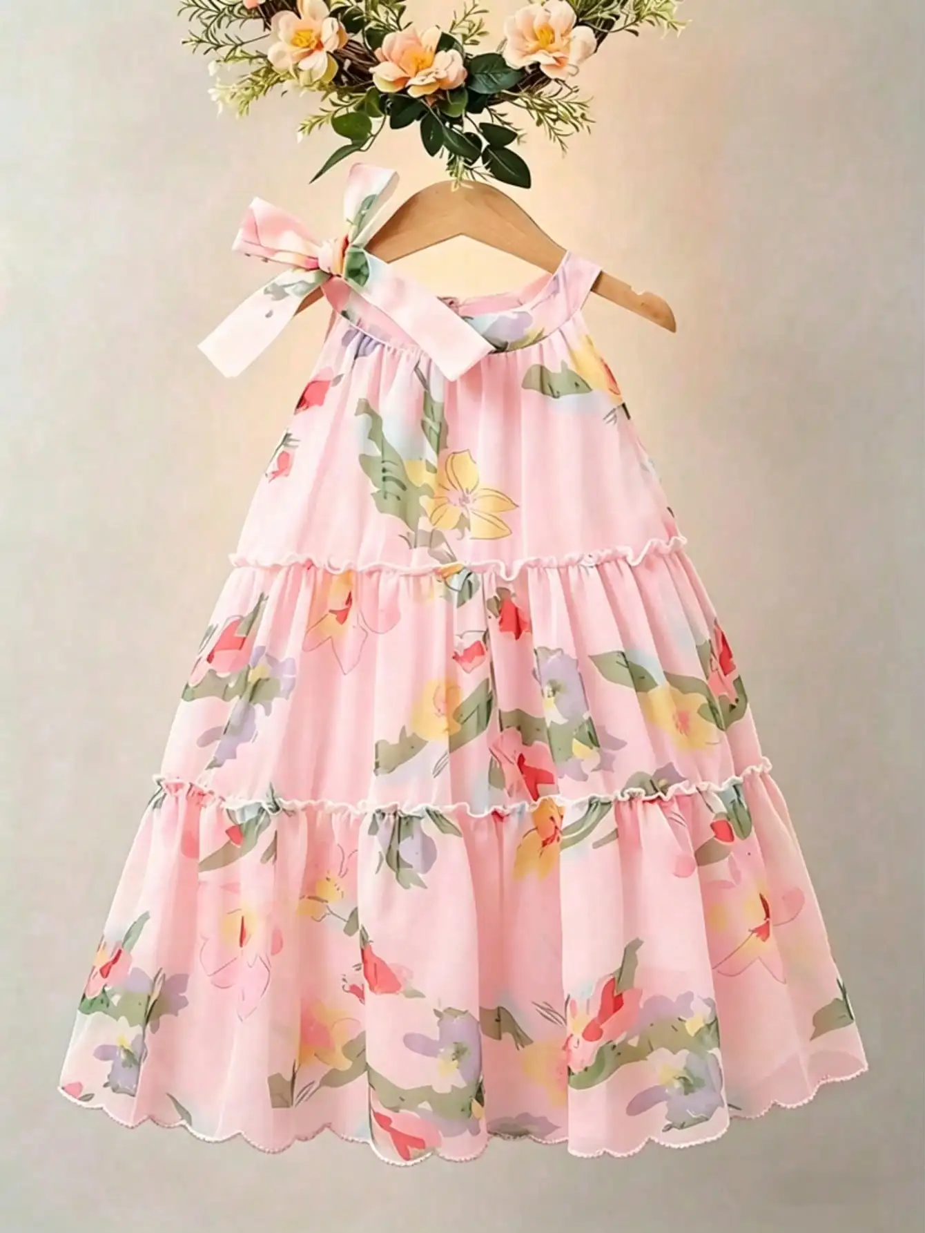 Girls Casual Comfortable round Neck Sleeveless Dress Flower Leaf Print A-Line Skirt Children's Clothing