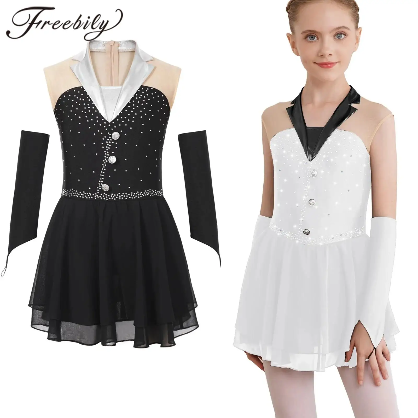 

Children Latin Lyrical Dance Costume Cha-cha Tango Performance Dancewear Kids Girls Ballet Skating Dress + Fingerless Gloves