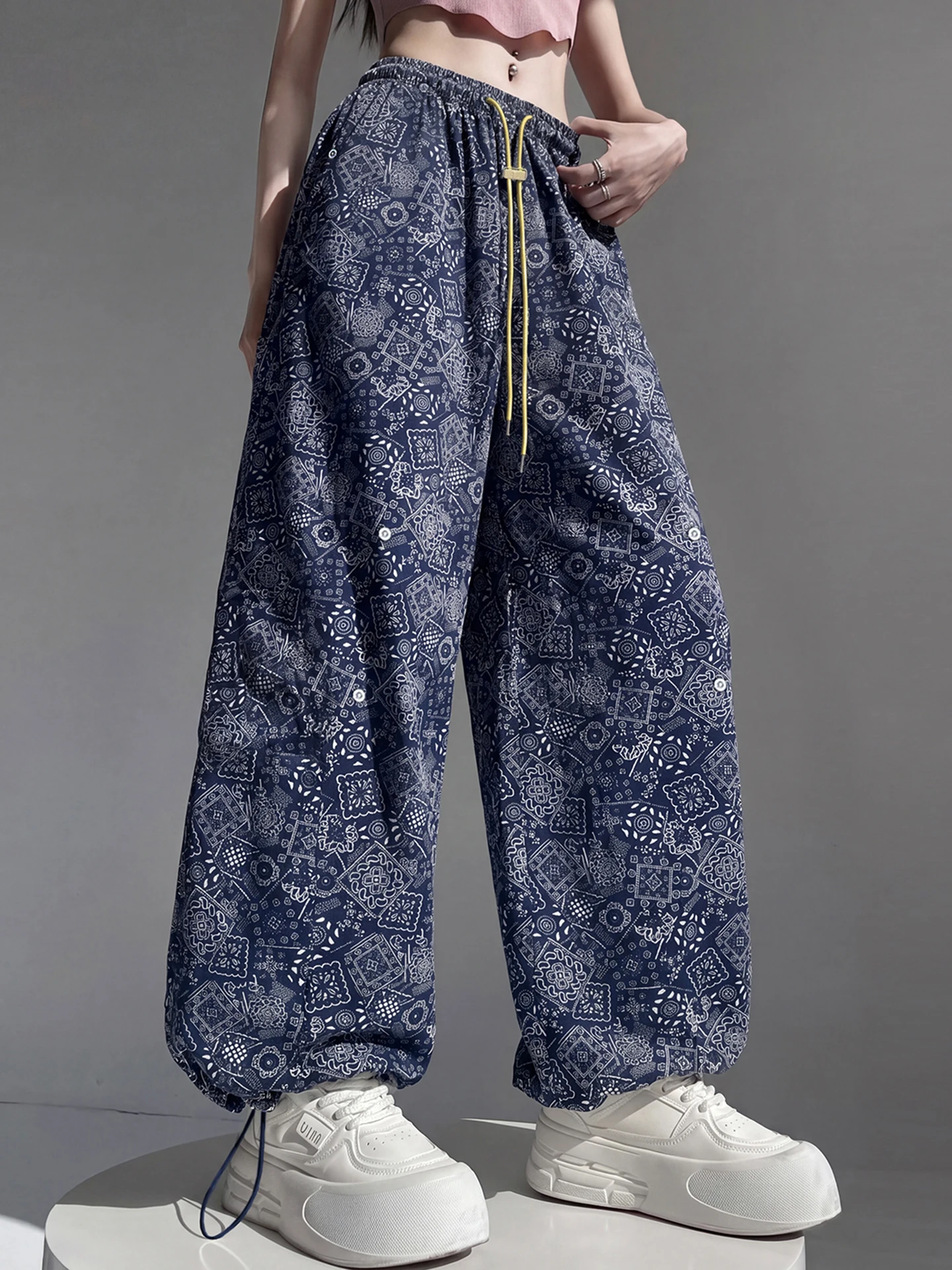 Retro Print Workwear Wide Leg Pants Women Summer Thin High Waist Slim Loose Cuffed Two-Way Wear Quick Dry Casual Sports Pants