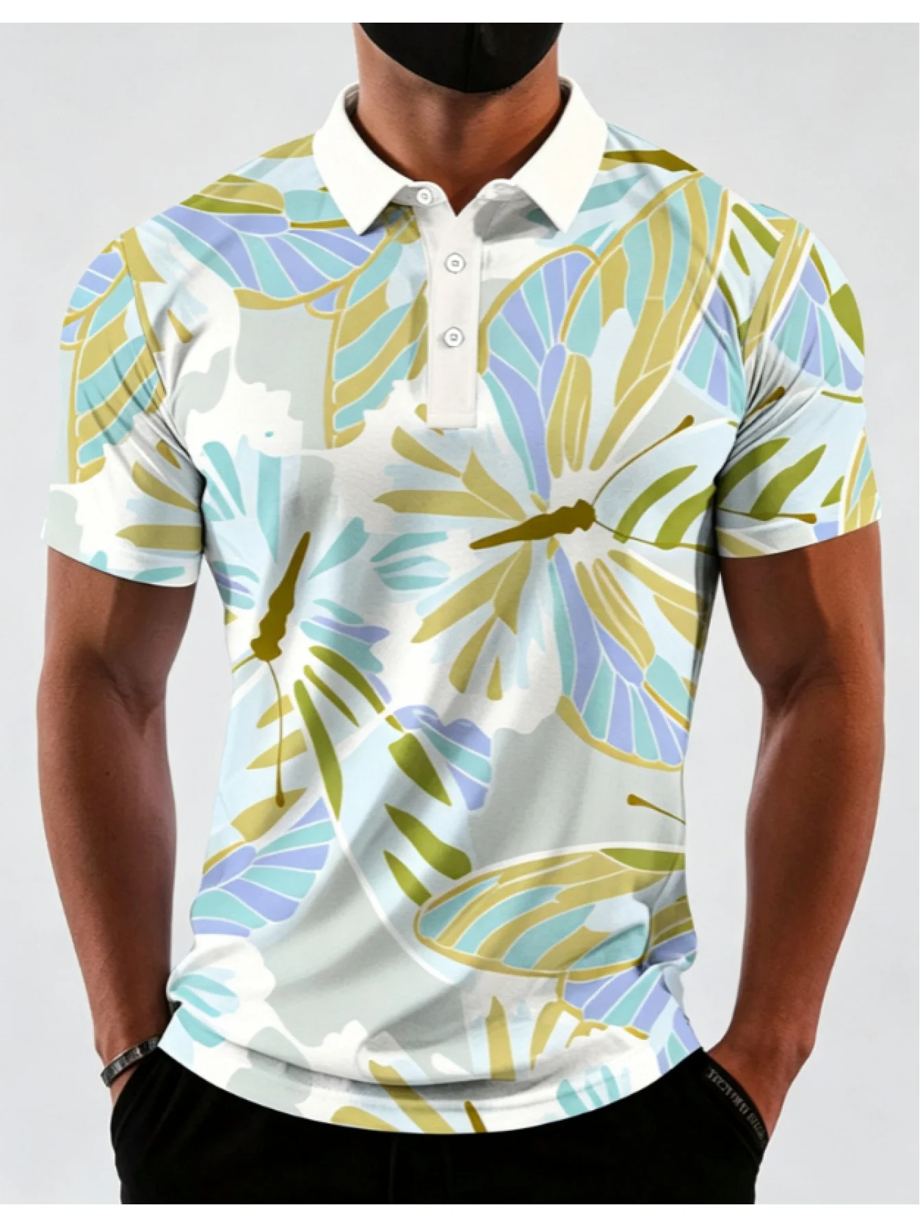 New men's short-sleeve polo shirt T-shirt, loose-fitting and tailored with printed patterns, versatile basic crew-neck top suita