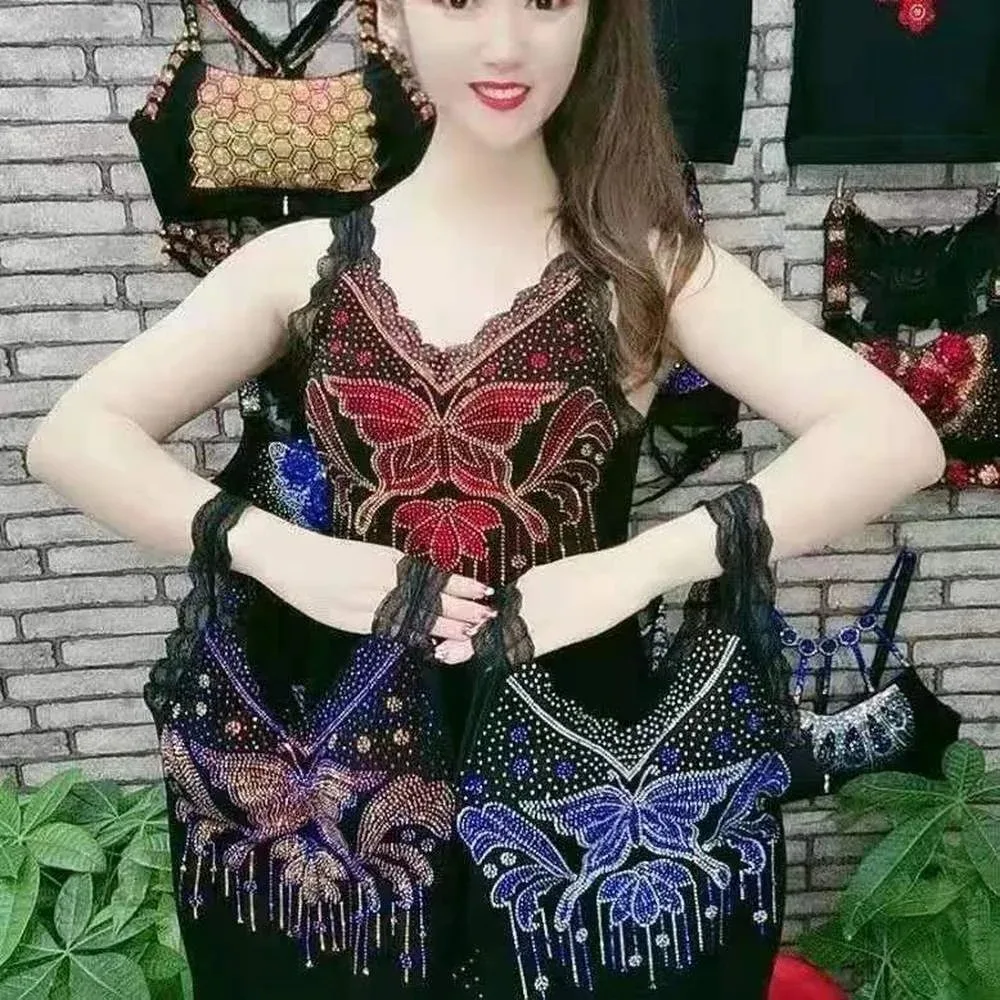 

Майка женская черная в стиле панк с бабочками стразы, с бисером, Thunderbolt, базовая майка для девочек