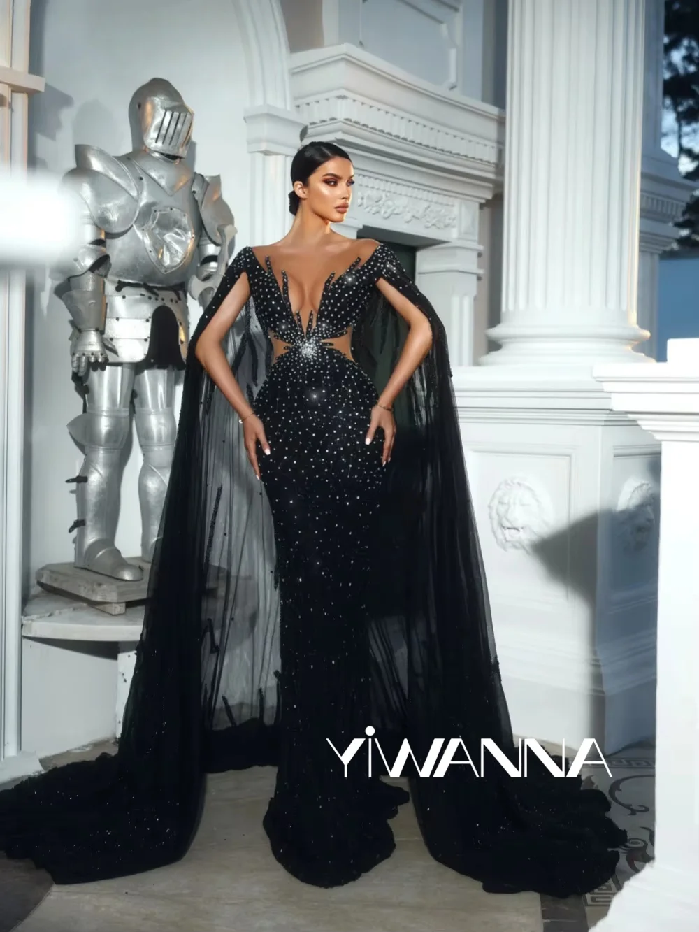 

Black Embroidery Crystal Evening Dress Graceful Cape Sleeve Mermaid Wedding Party Gown New Customized Charming Prom Dresses