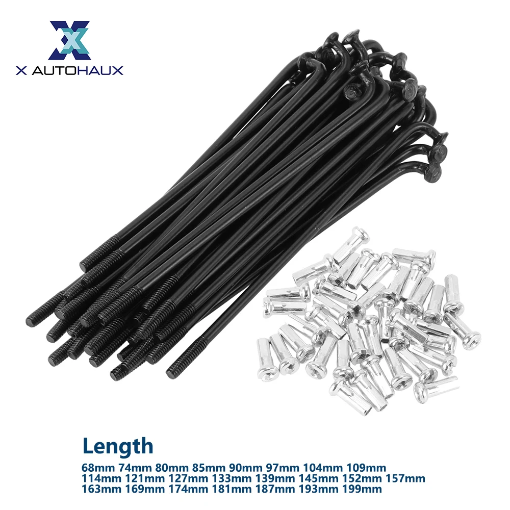 

X Autohaux Bicycle Spoke Kit 14G 68mm 74mm 80mm 85mm 90mm 97mm Length Bike Wheel Spoke with Nipples Carbon Steel Black 36 Pcs