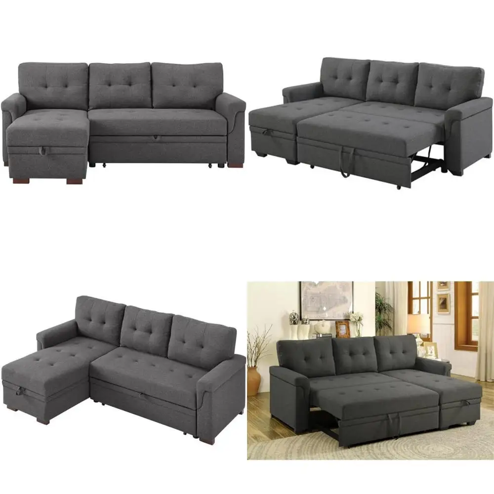 

Двусторонний секционный диван-кровать из стального серого льна с местом для хранения вещей для небольших помещений, комфорта и стиля