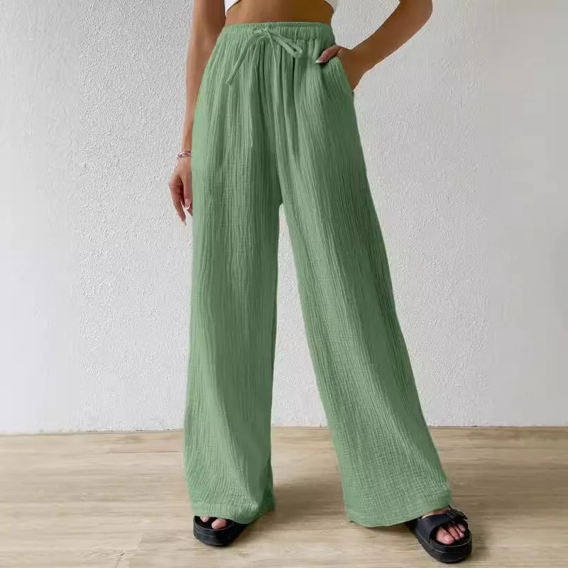 Calças Femininas de Perna Larga com Zíper Oculto na Virilha, Cor Sólida, Elásticas, com Bolso, Estilo Casual e Versátil, Soltas e Sem Virilha