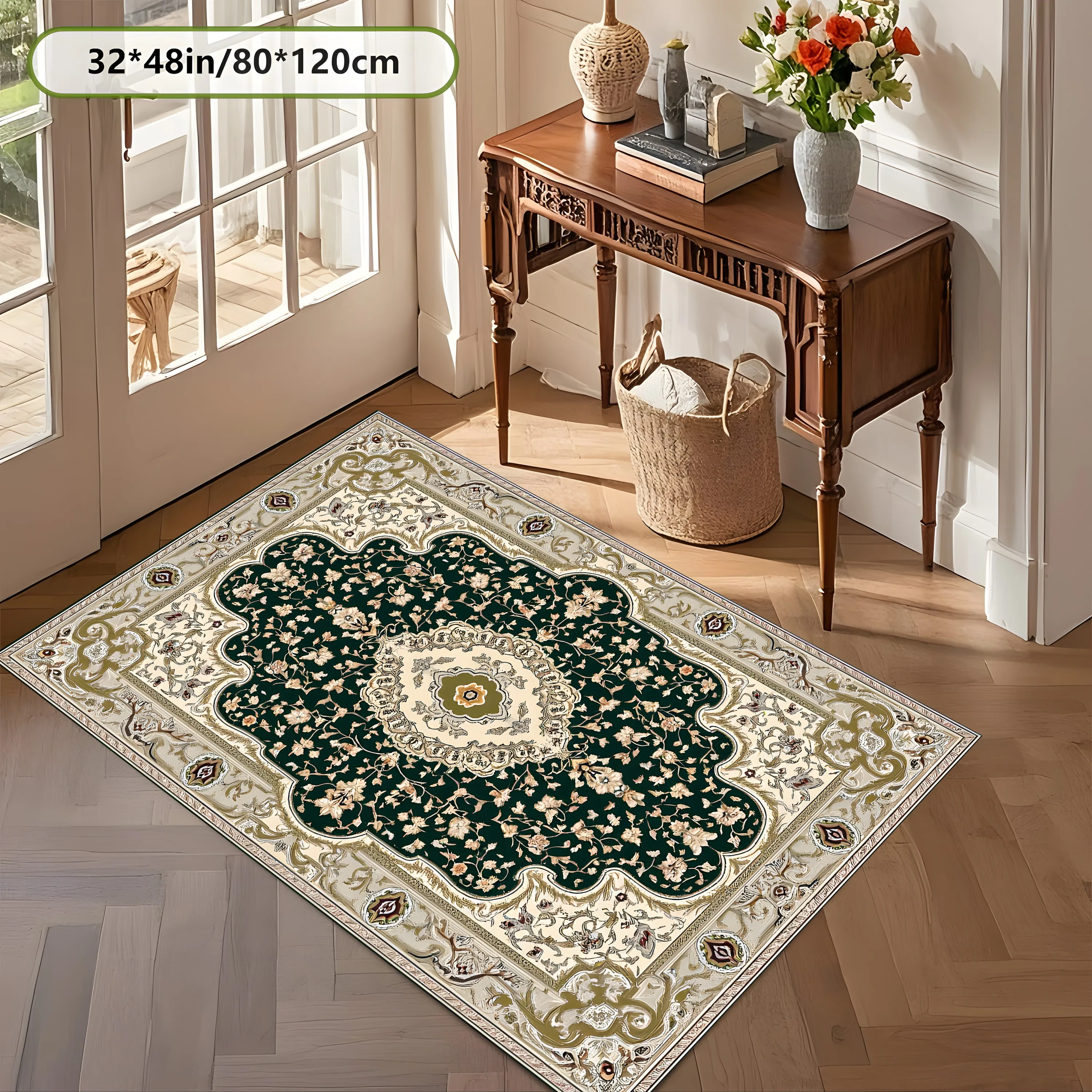2D Carpet with Dark Green Retro Persian Floral Pattern in European Light Luxury Style for Living Room and Bedroom