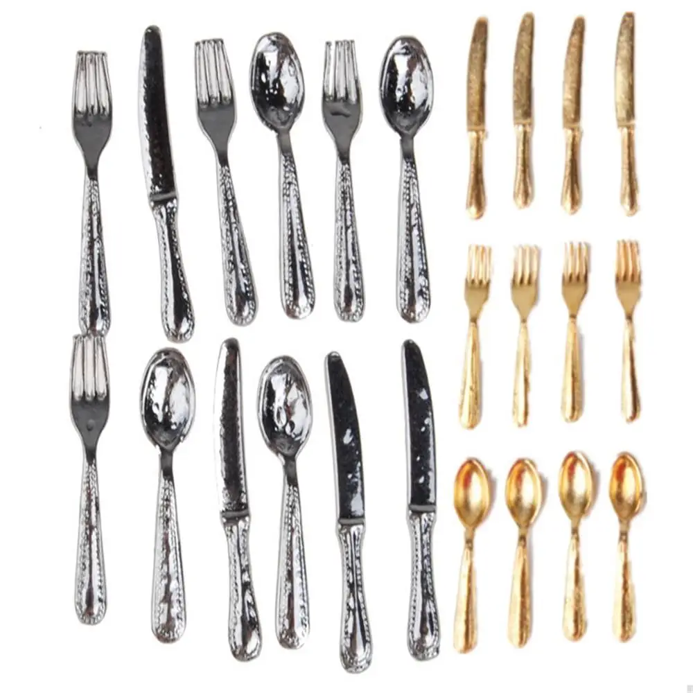 12PCS Toy Gold Silver Dollhouse Furniture Kitchen Miniature Cookware Fork Knife Spoon Doll Accessory Simulation Mini Cutlery