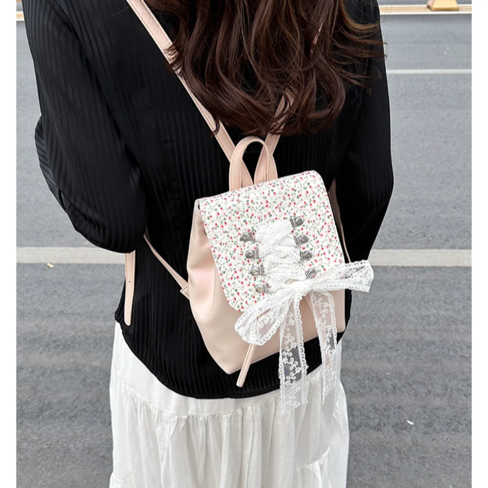 

Lace Cute Backpack Korean Style Large Capacity Y2k Travel Bag Bow PU Leather Shoulder Handbags Girls