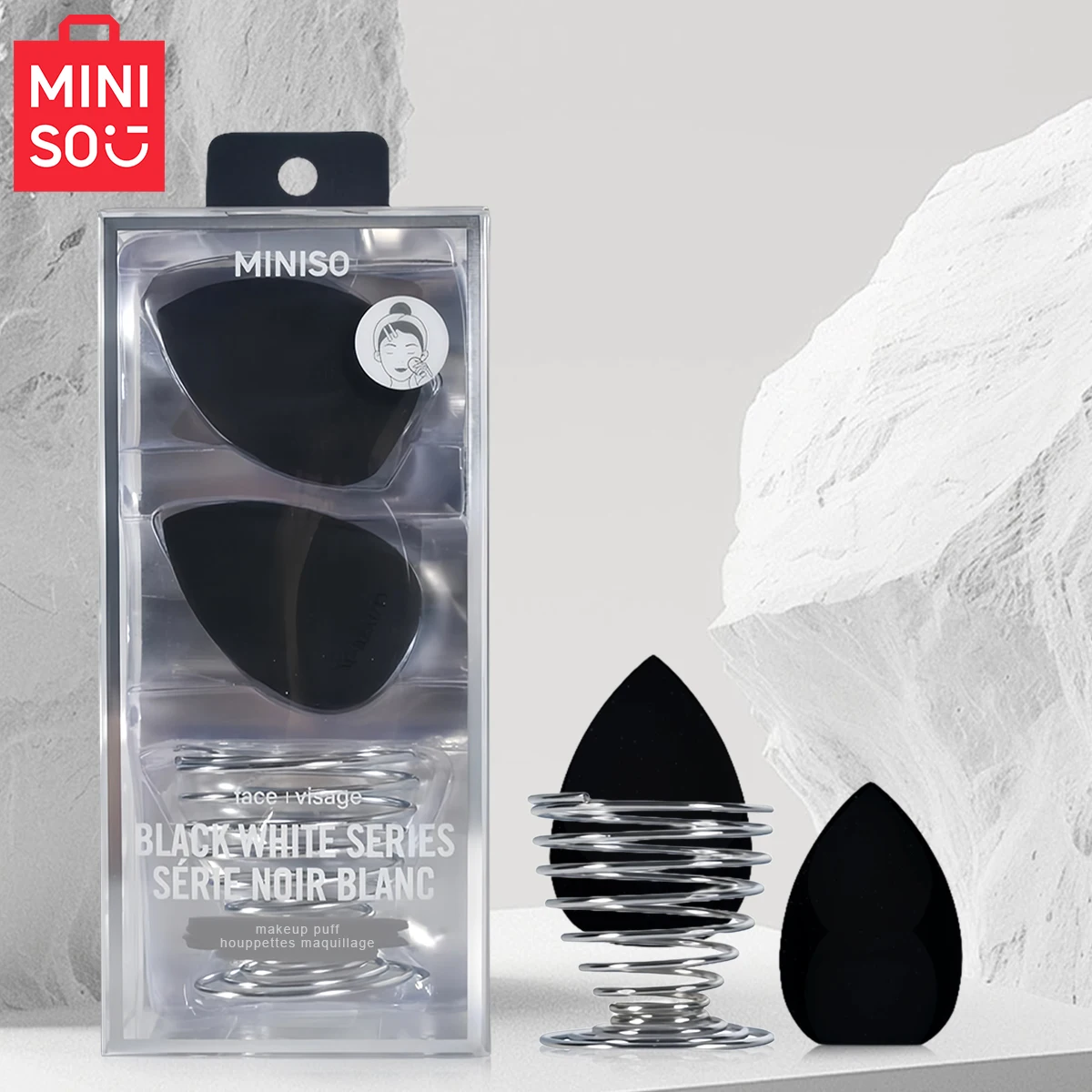 ชุดไข่แต่งหน้า MINISO Classic Black and White Series Multi sided Water Drop Dark Shining Powder - พร้อมกรอบโลหะ