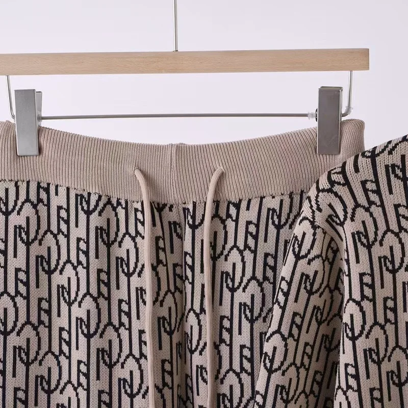 Damskie komplety dzianinowe z nadrukiem, nowe, dwuczęściowe, zapinane na zamek, z dekoltem typu O, sweter z długim rękawem, kardigan, topy, zestawy, spodnie z wysokim stanem.