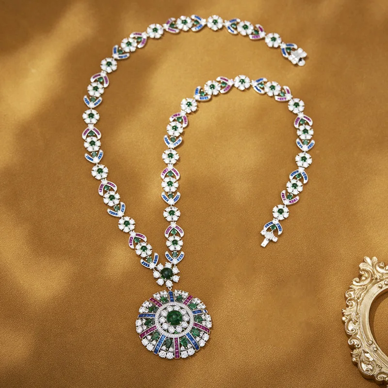 

Luxury Saudi Arabia Circular Colourful AAA Zircon Long Necklace Earring Sweater Chain Elegant Women Wedding Party Jewellry