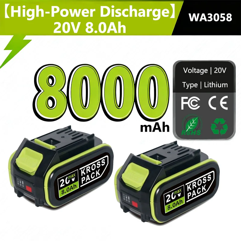 

WORX 20V High-Capacity Li-Ion Rechargeable Battery 6.0Ah/8.0Ah Compatible with WA3551 WA3551.1 WA3553 WA3641 WX373 WX390 Tools