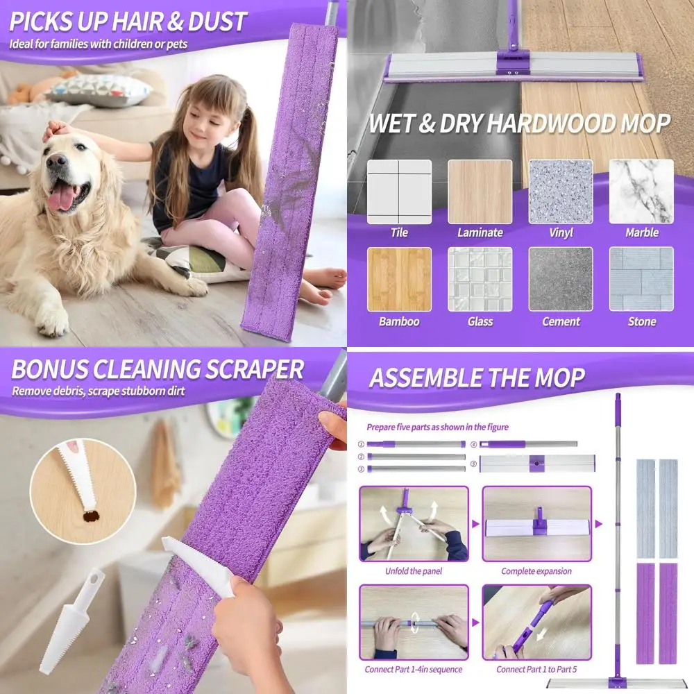 

24 Microfiber Floor Mop - Dual-Purpose for Hardwood, Laminate, Tile, and Vinyl with 4 Washable Pads