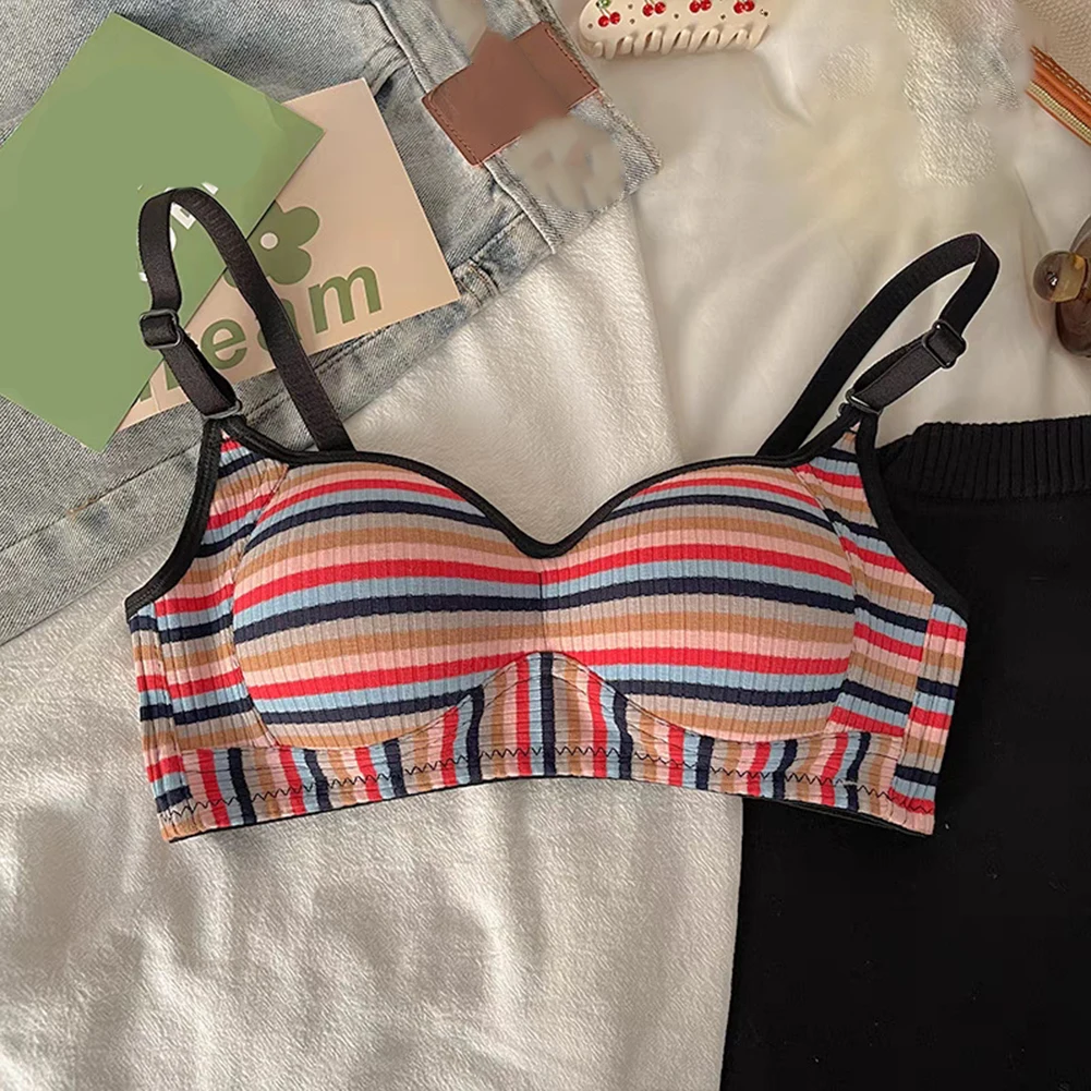 Colorful Stripe Dopamine Underwear for Women Deep V Neck Vest Bra with Open Back Design Suitable for All Seasons