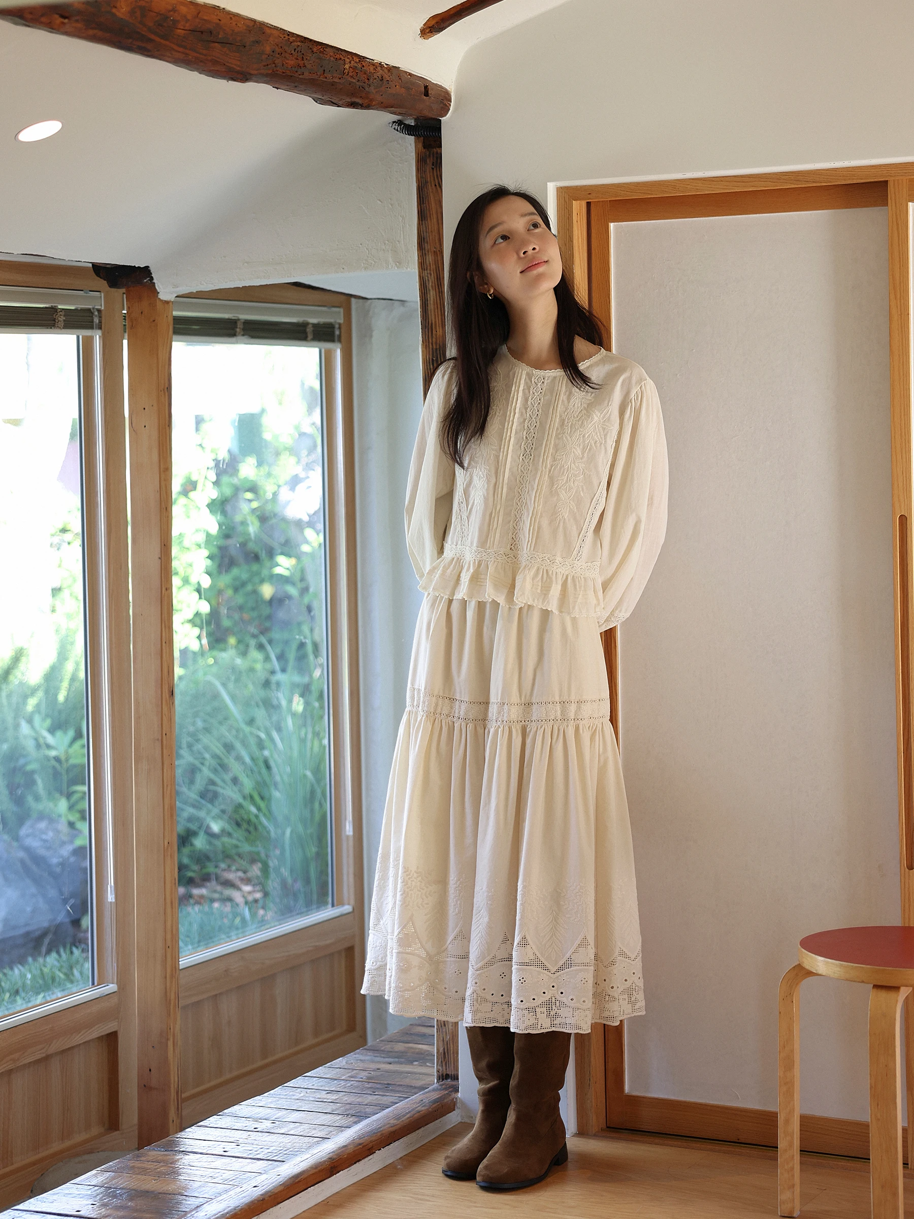 

MUNNS винтажная кружевная длинная юбка с тяжелой вышивкой Sve irt трапециевидной формы молочно-абрикосового цвета, комплект свободного кроя во французском стиле, весенняя мода