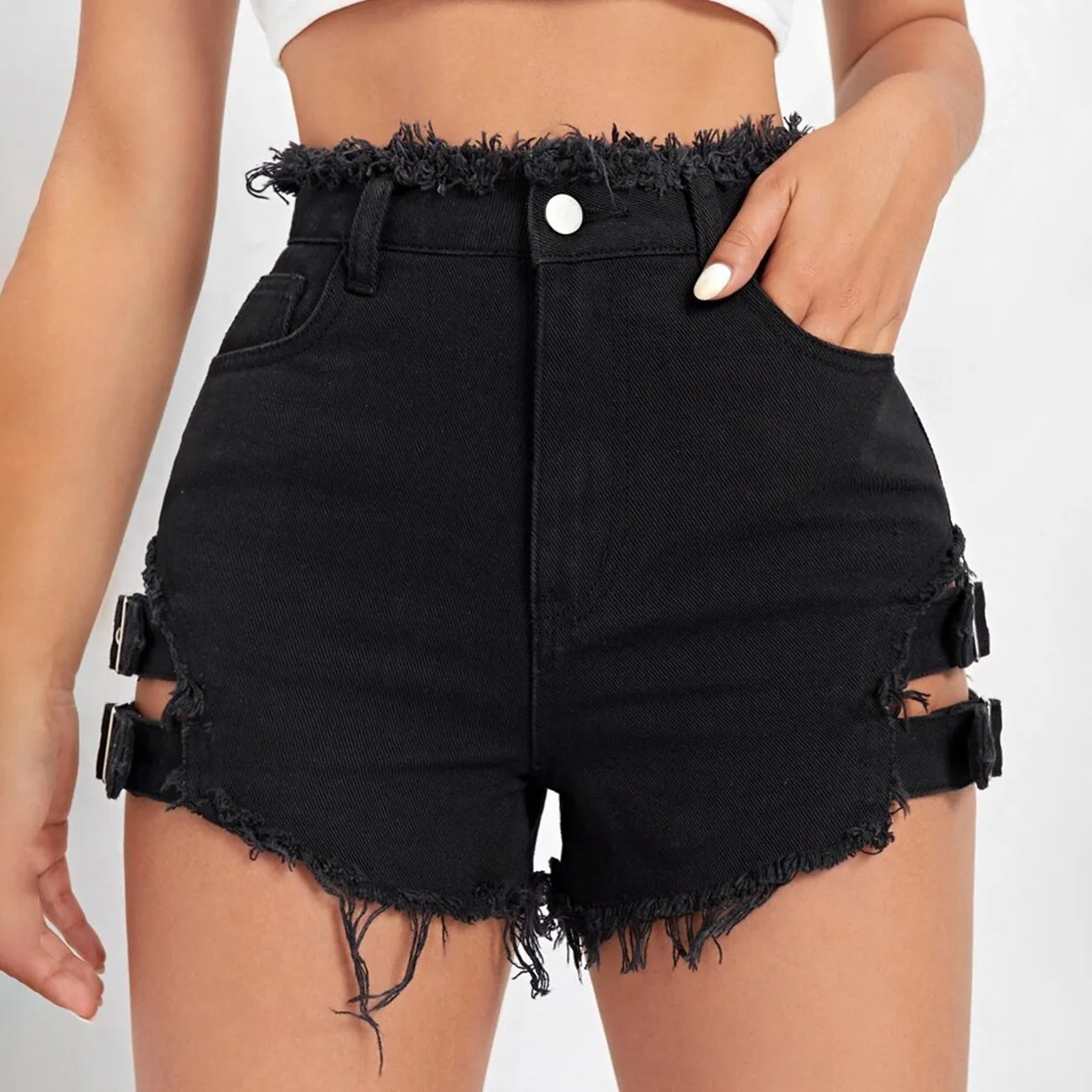 Summer Clothes Shorts Women High Waist Raw Hem Denim Shorts Light Blue Distressed Edge Jean Shorts Pink Mini Length