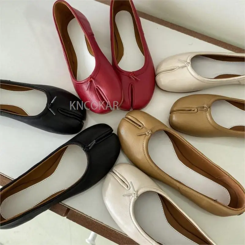 2023 new sheepskin split toe single shoes women's leather flat bottom pig's hoof grandma shoes shallow mouth ballet Lefu shoes