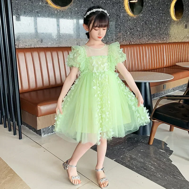 

Fairy Girls Lace Applique Princess Dress for Kids Puff Sleeve Tassel Elegant Birthday Clothing Wear Photography Costume