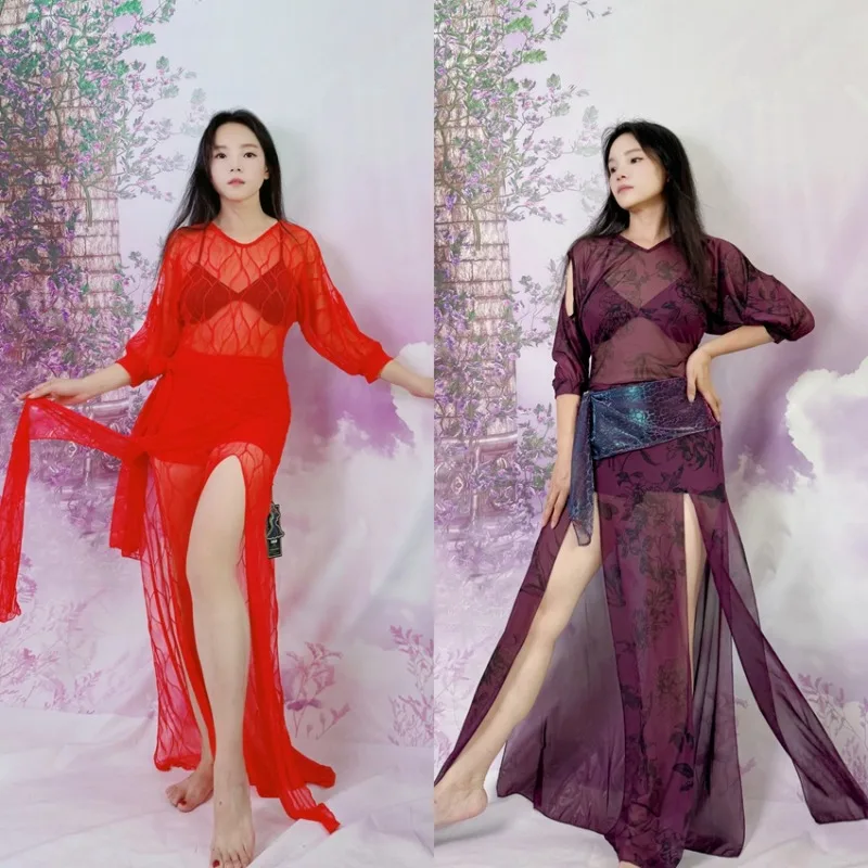 Customized Swegal Sexy Women's Belly Dance Practice Clothes Eastern Dance Costumes Arm Exposed Mesh Robes Lightweight