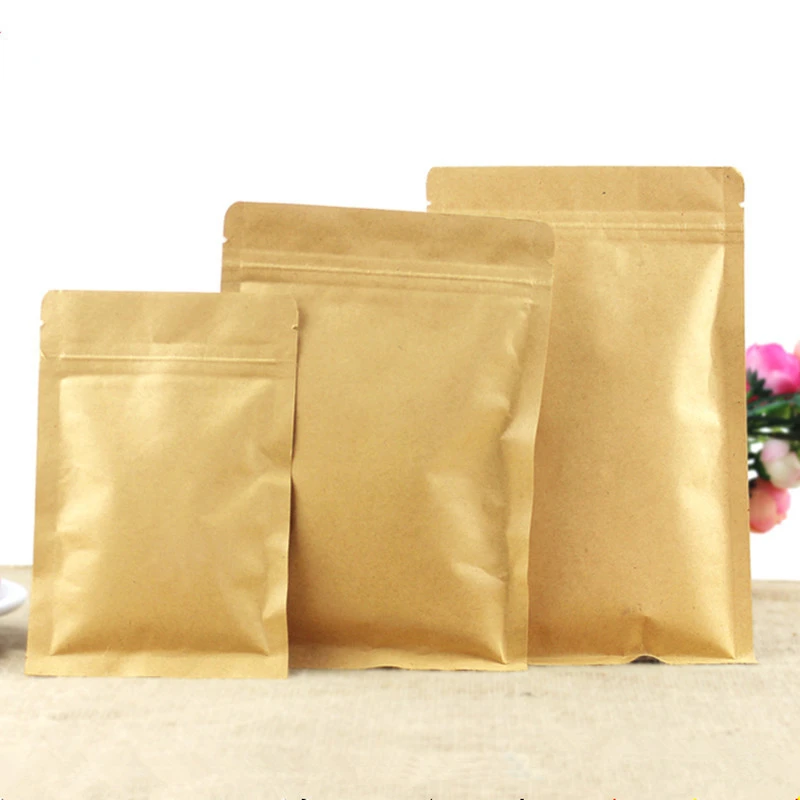 100pcs Flat Kraft Paper Foil Inside Zip Lock Bag Resealable Snack Coffee Sugar Powder Beans Salt Heat Sealing Packaging Pouches