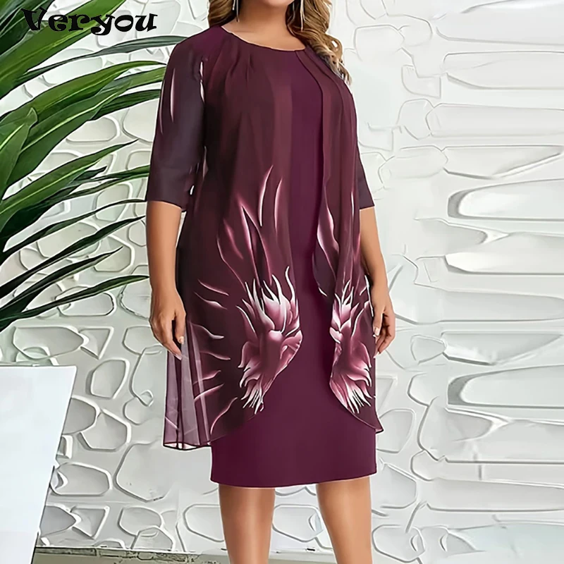 

Elegant Temperament Dress Plus Size Women O Neck Short Sleeve Flower Printed Party Dress Women Fashion Midi Dress Boho