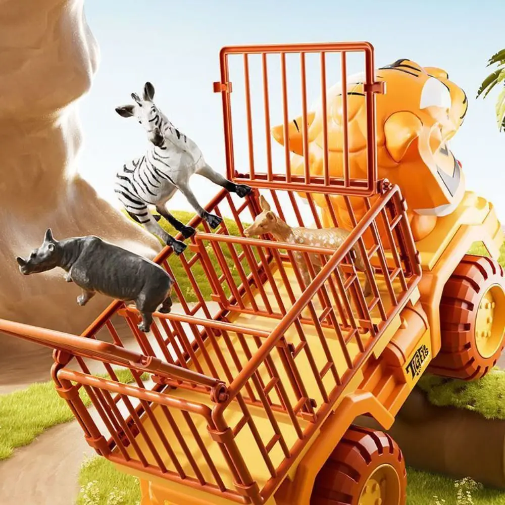 Veículo de transporte de tigre simulado de plástico com figuras de animais deslizantes puxar para trás caminhão brinquedos carro quebra-cabeça de tamanho grande