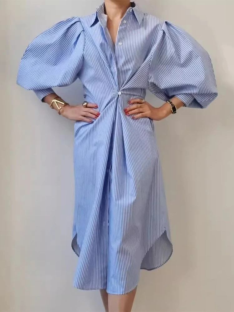 Tannt damska sukienka asymetryczna latarnia rękaw w paski koszula w stylu vintage sukienki z długim rękawem moda białe niebieskie długie sukienki 2025