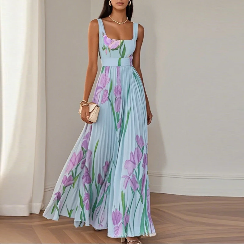 夏の花柄プリントワンピース レディース エレガント ノースリーブ セクシー ハイウエスト スリング ロングワンピース オフショルダー ビーチ ホリデーワンピース