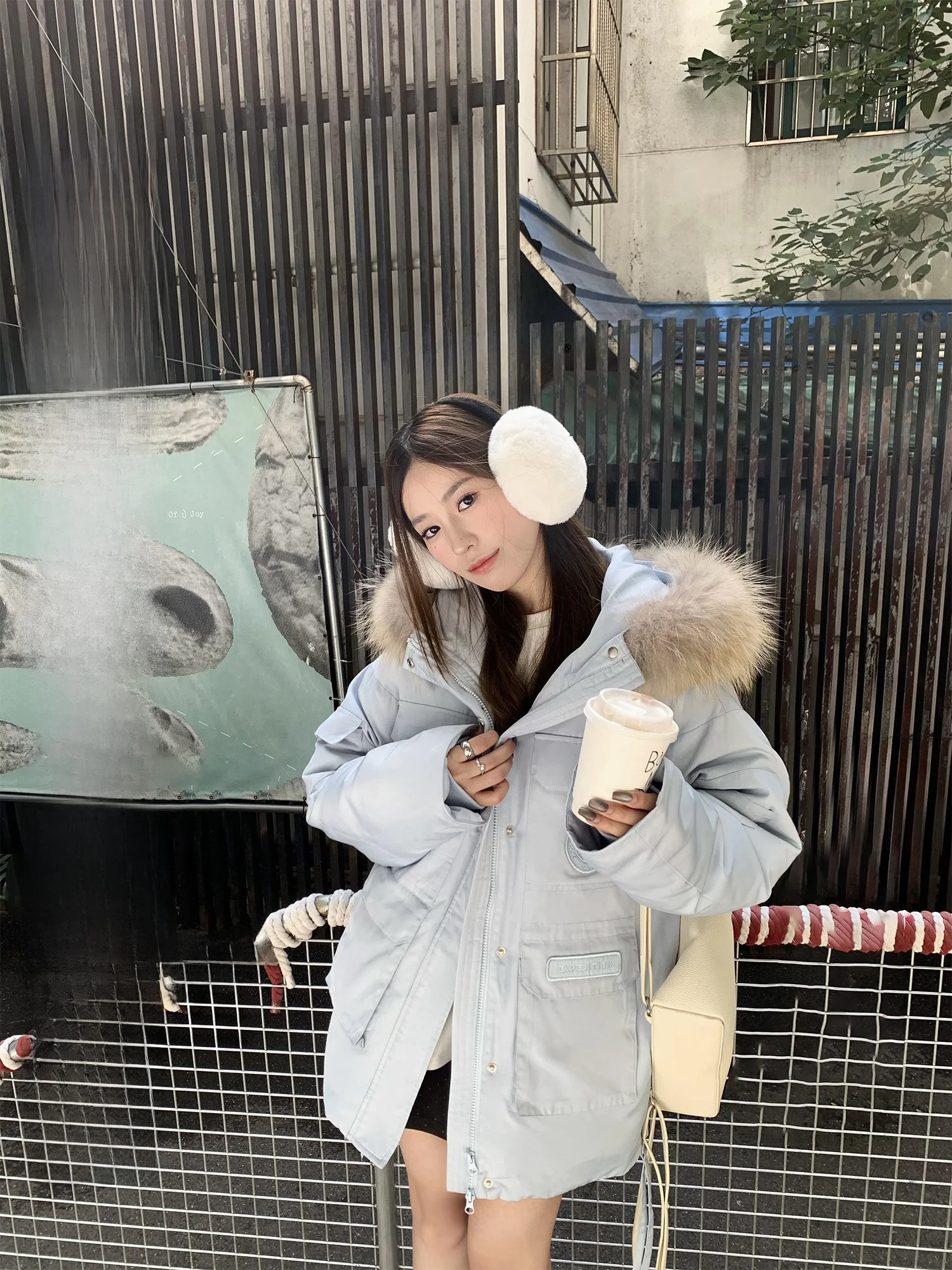 

Hhi Blue Workwear down Jaet Women's Loose Parka Sle Winter Coat with Large Fur Collar Casual Sle 90% down Fill