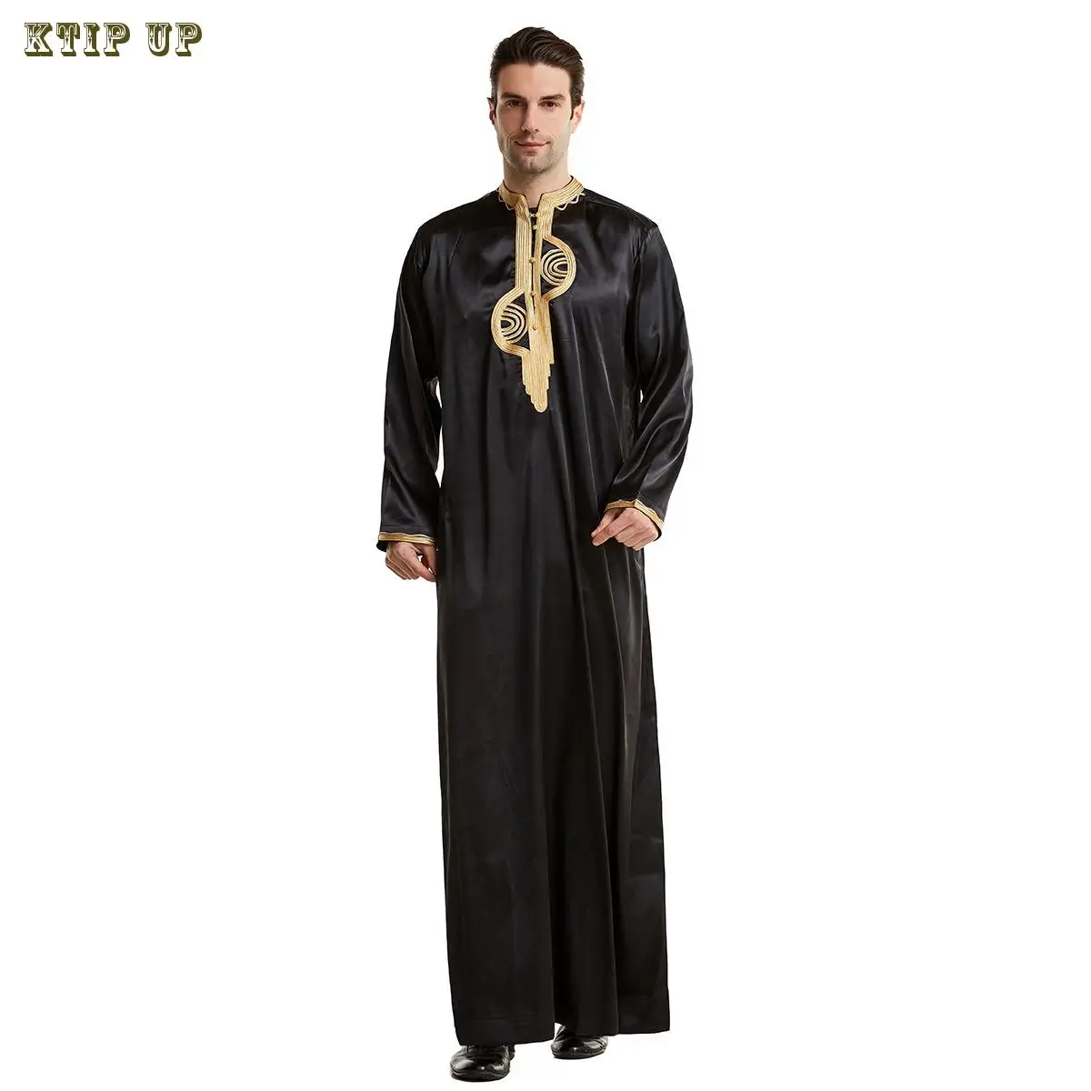 Men's Muslim Stand Collar Ramadan Thobe Long Sleeve Saudi Arabian Islamic Polyester Robe Kaftan Thawb Maxi-muslim Dubai Abaya