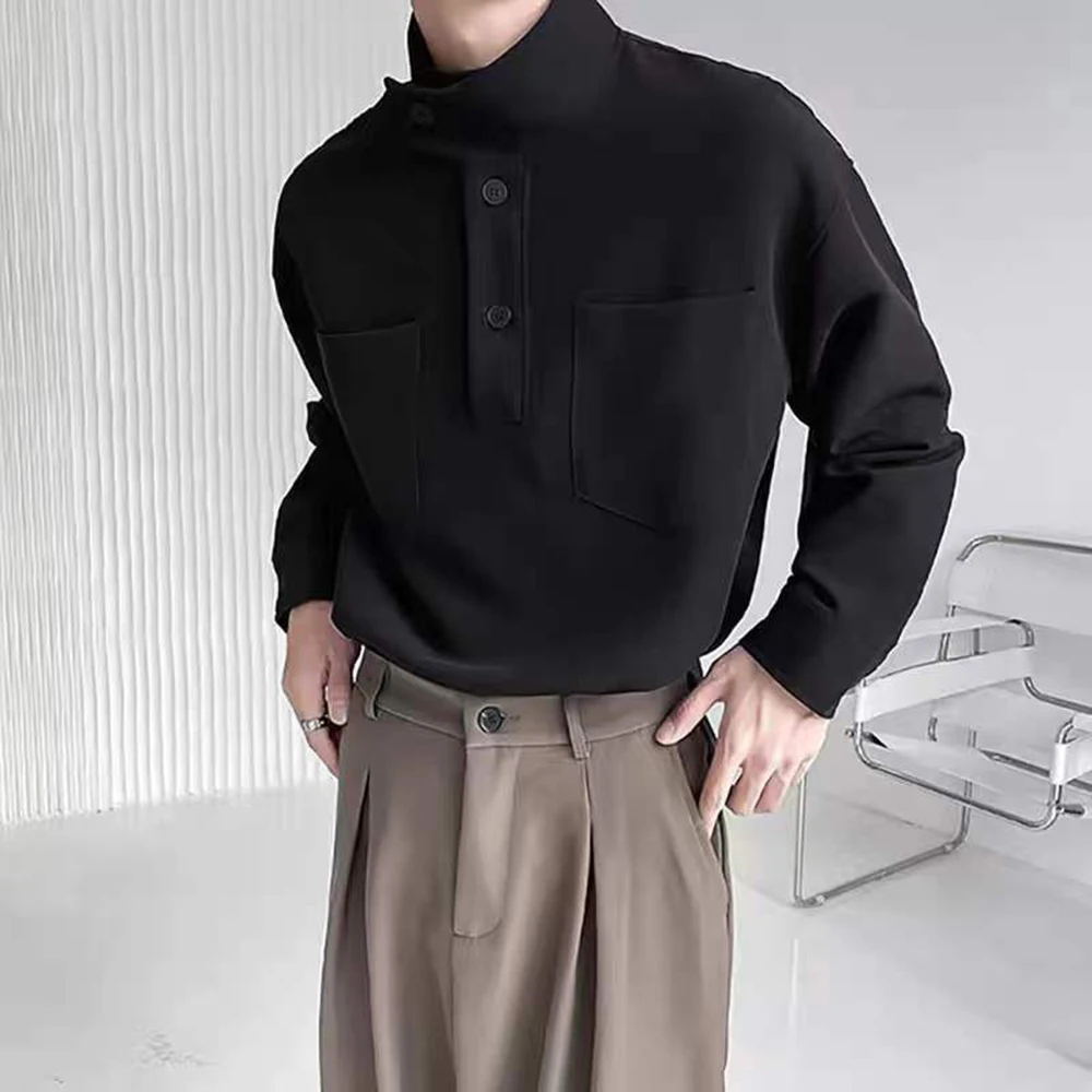 2024 New Half-high Collar Solid Color Long Sleeve Shirt For Men Design Niche Luxury Korean Clothes Casual Loose Pullover Shirt