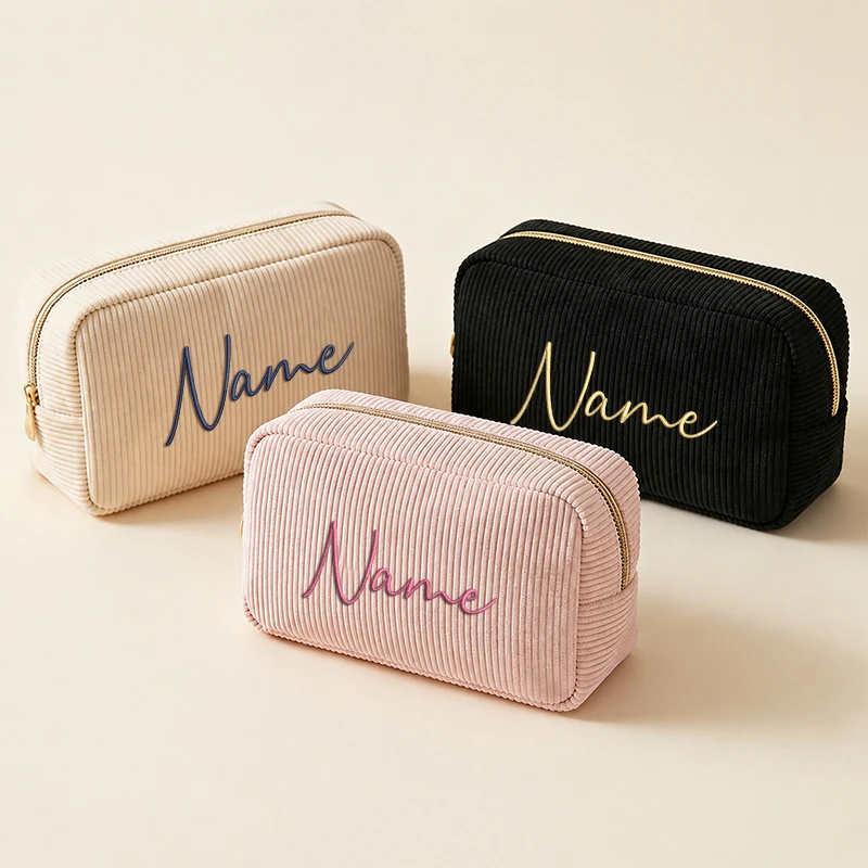Personalized Makeup Bag with Name, Custom Embroidered Makeup Pouch, Corduroy Cosmetic Bag, Gift for Her Fashion Toiletry Bag