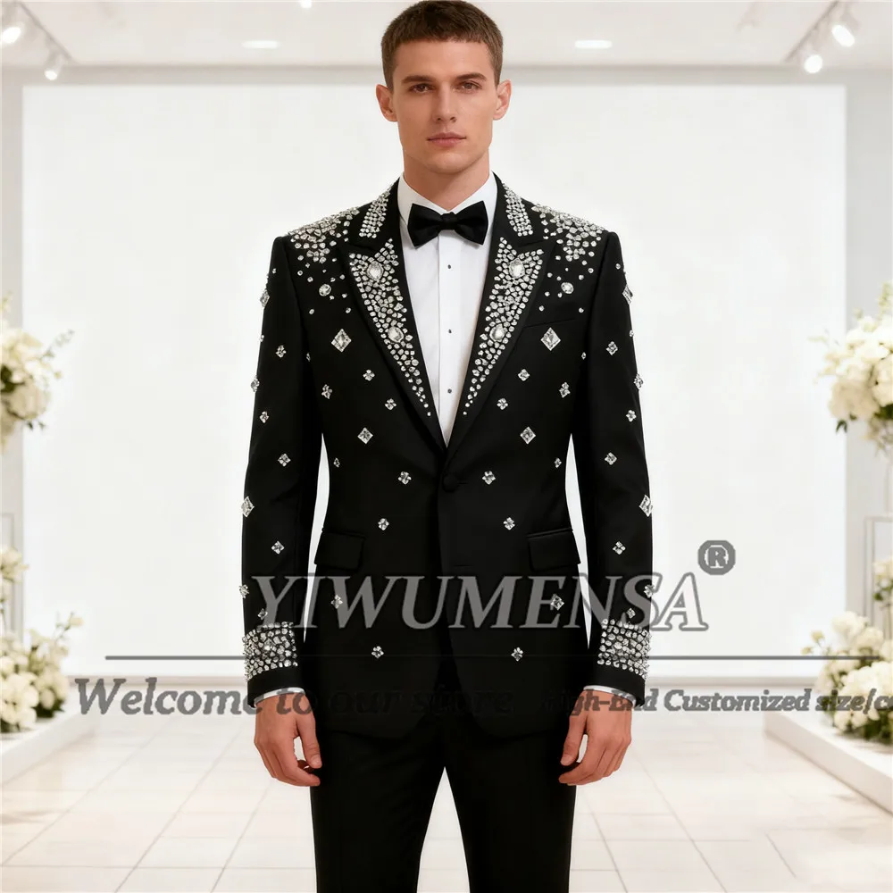 

Brilliant Beaded Stones Suit Attire For Men Single Breasted Prom Blazer Customized 2 Piece Man Banquet Groom Tuxedos Slim Fit