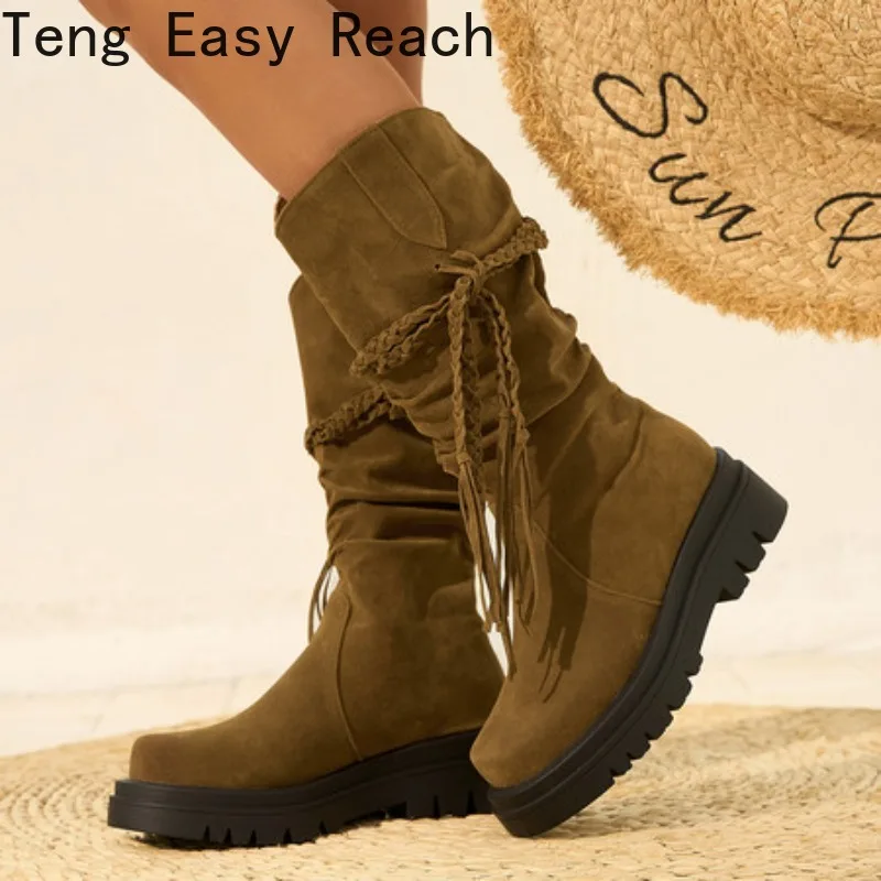 

Женские сапоги с бахромой и кисточками, рыцарские сапоги на танкетке, туфли на плоской подошве, осенне-зимние ботинки из флока, большие размеры 43