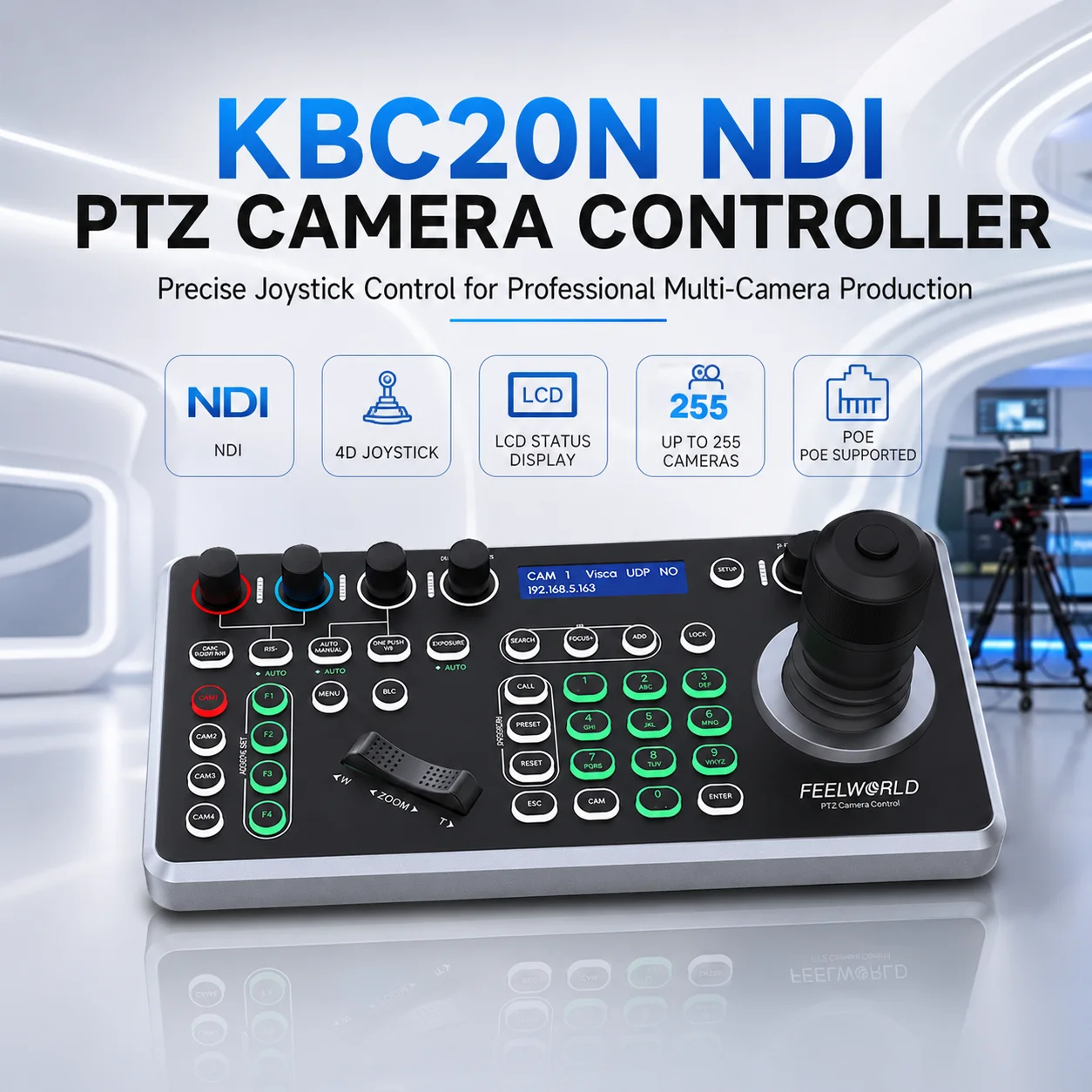 FEELWORLD KBC20N NDI PTZ Camera Controller 4D Joystick PoE Power Supply Multi-Control Protocols & Multiple Interfaces