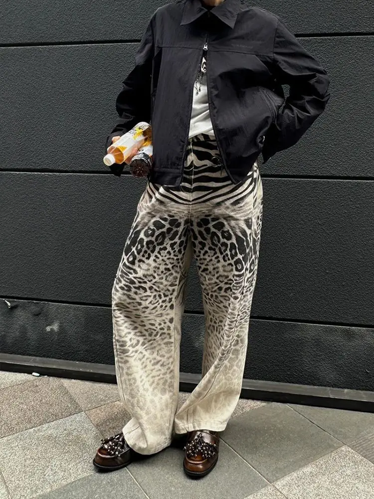 Men's Zebra Print Pattern Unisex Casual Spring Pants Street Boy Wide Legs Sweatpants Male Straight High Waist Trousers