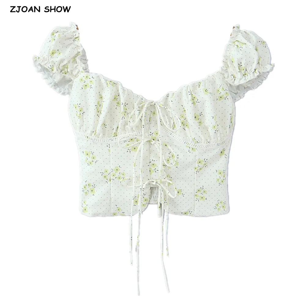 CHIC Summer Floral Print Short Puff Sleeve Shirt Women V neck Lacing Up Tie Bow Front Slim Waist Elastic Back Crop Tops