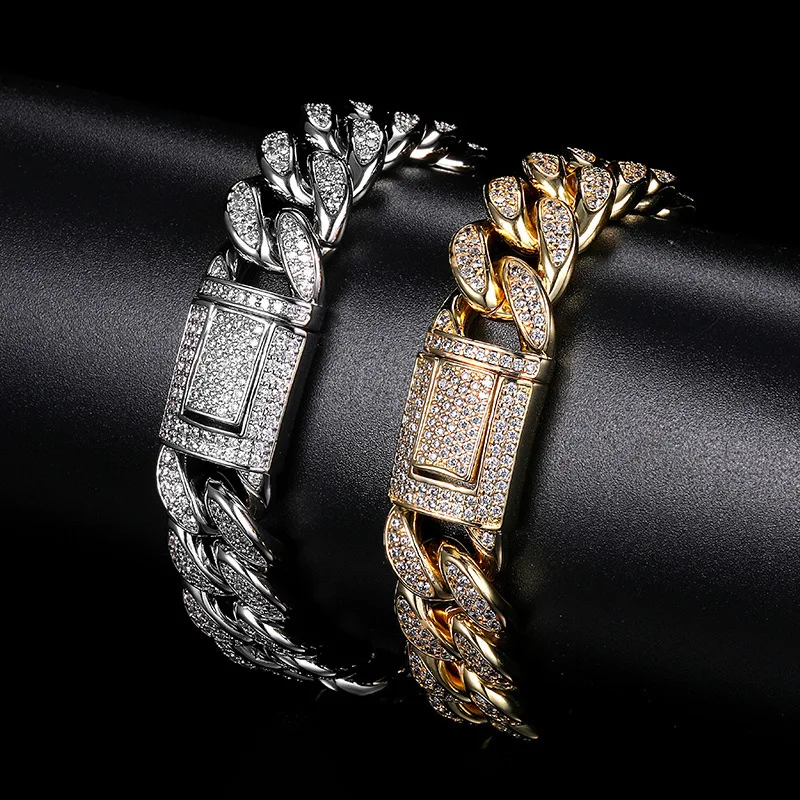 Trendy street hip-hop Cuban chain bracelet with diamond inlay, men's and women's street 15mm trendy