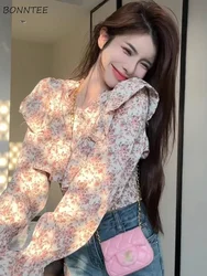 Unique Chic Blouses Women Floral Ruffles Long Sleeve Slim Fit Crop Tops Date Girls French Style Romantic Retro Autumn Shirt Cozy