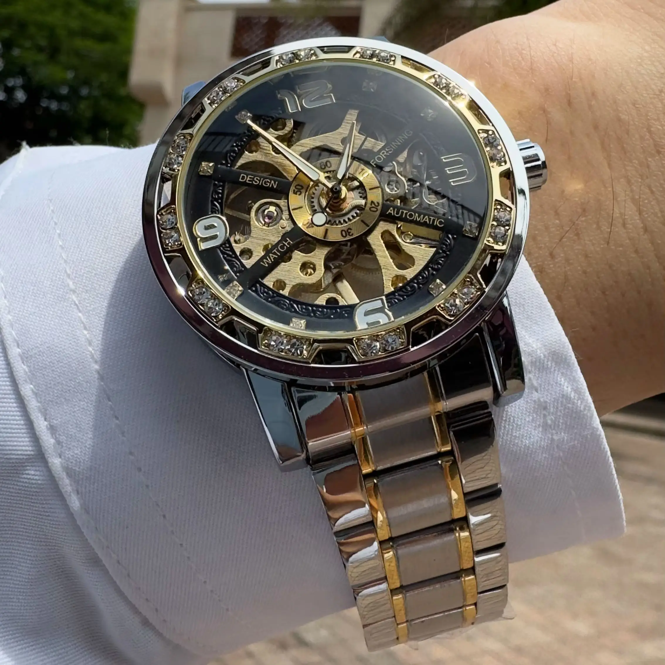 Forsining Retro Mens Watches Top Brand Luxury Gold Skeleton Mechanical Watch for Men Stainless Steel Strap Luminous Hands Clock