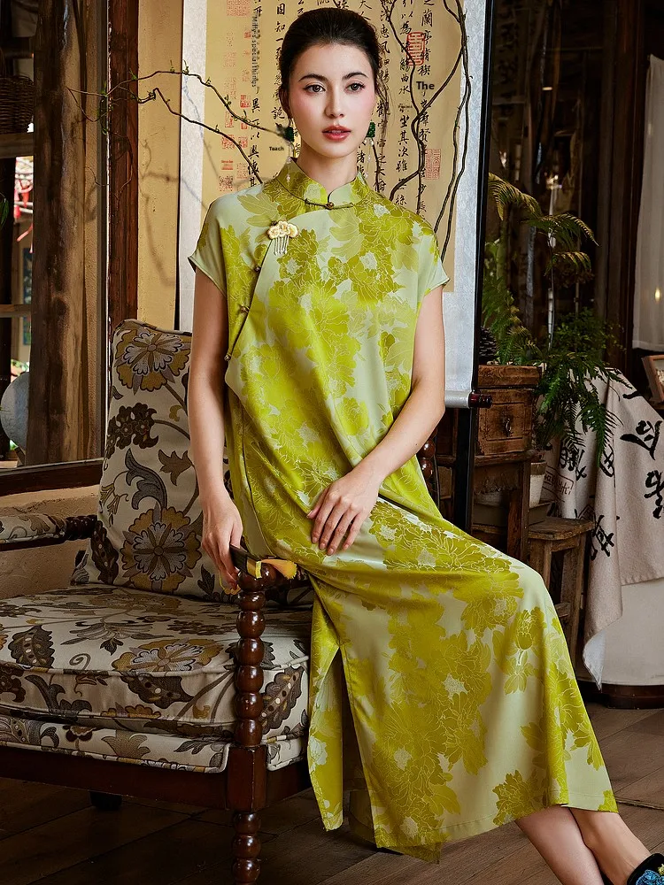 

Оригинальное платье Mysterious Encounter Long Dr в новом китайском стиле с вышивкой, из атласа, с низким разрезом, коротким рукавом, женское...