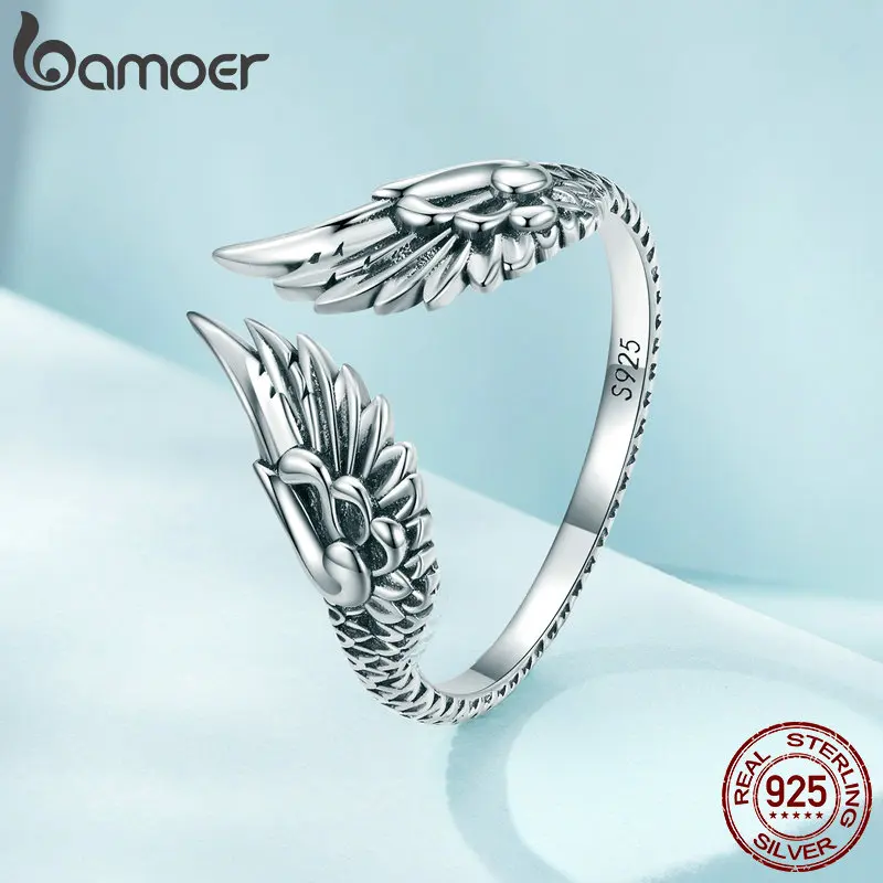 Bamoer 925 Sterling Silver Vintage Wing Opening Rings Hip Hop Couples Creative Punk Finger Ring for Women Unique Fine Jewelry