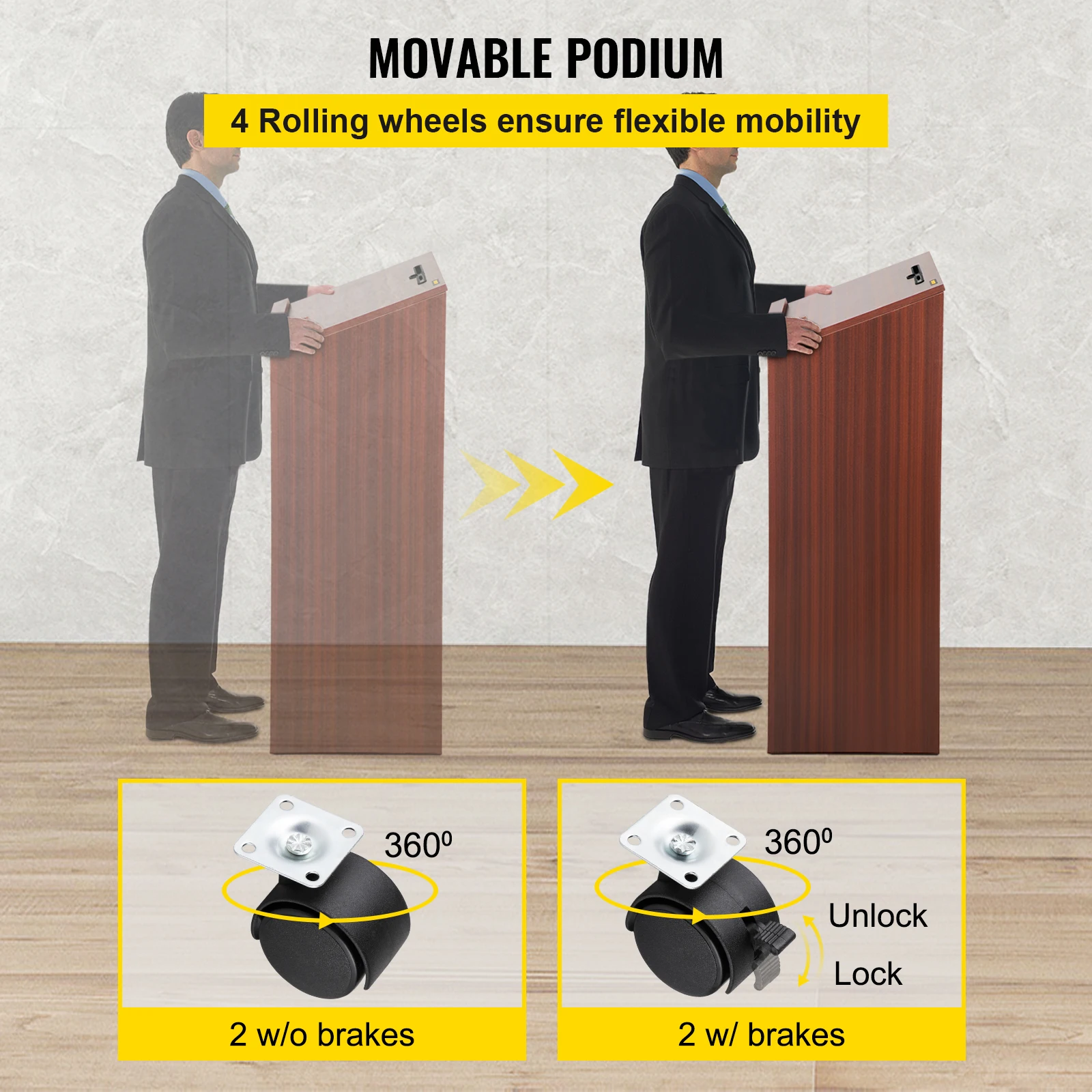VEVOR Gỗ Bục 2X4 FT Lecterns Và Podiums W/4 Lăn Bánh Xe Nghiêng Mặt Vách Ngăn & Đĩa kệ Lắp Ráp Dễ Dàng Óc Chó