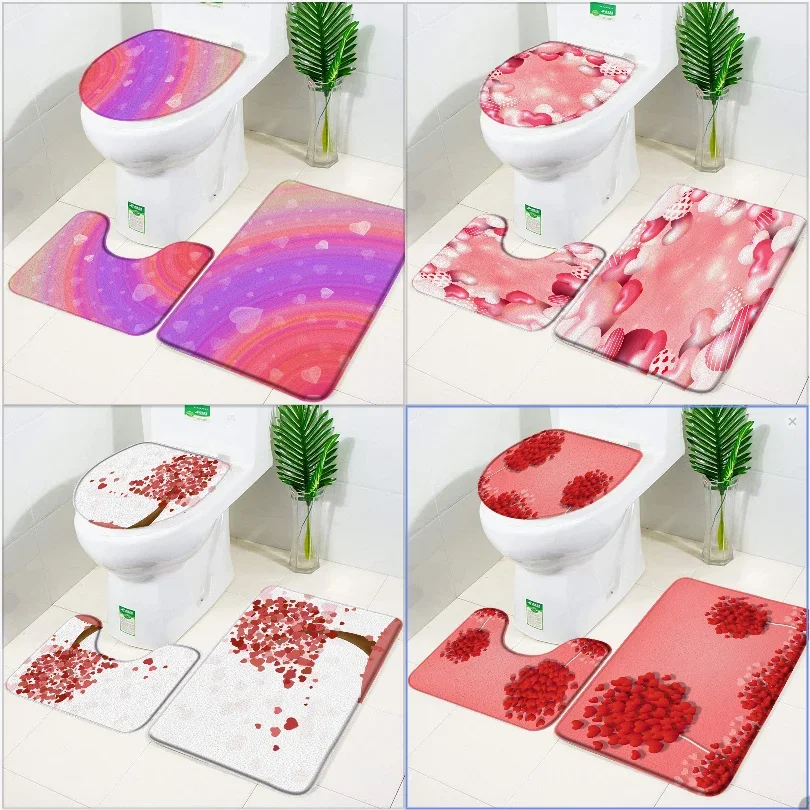 Valentine's Day Theme Bath Mat Set Love Tree Pink Balloons Home Bathroom Decoraction Anti Slip Rugs and Carpet Set Toilet Lid