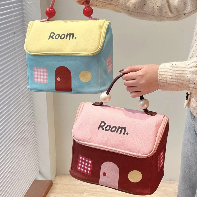 Dopamine Cute House Shape Cosmetic Bag Waterproof Portable Pearl Handle Large Capacity Makeup Bag for Women Girls Travel Gifts