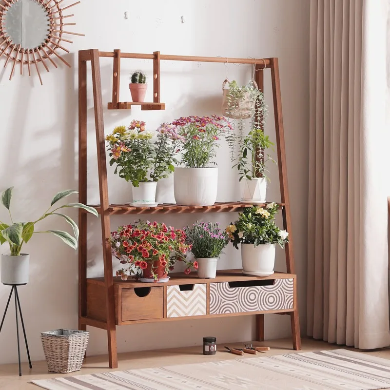 Home Solid wood living room flower stand Balcony dill plant stand Indoor anti-corrosion hanging basket Succulent flower stand Tr