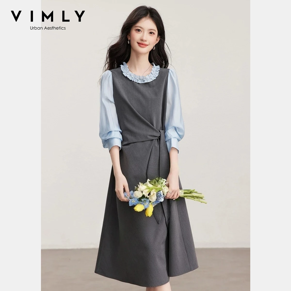 

VIMLY Women's Fake Two-Piece Dress Korean Style Ruffle Beaded Patchwork Contrast Color Lace-up Elegant Slim Midi Dress A3702